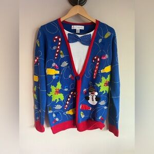 Jolly Sweaters Mens‎ Blue Ugly Christmas Sweater Bow Tie Sequin Snowman Medium
